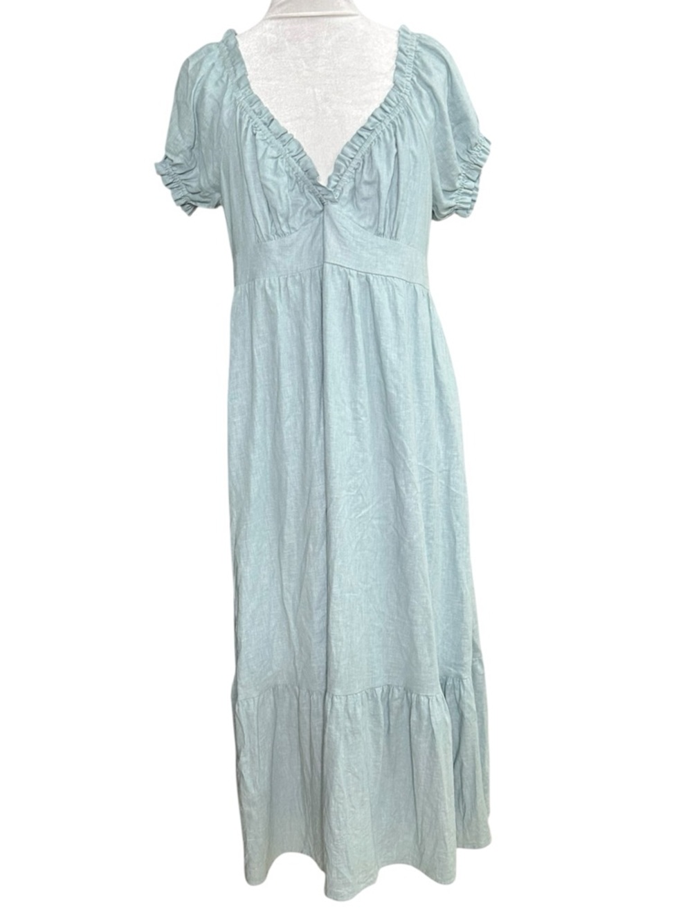 NWT MABLE Elidy Short Puff Sleeve Blue Maxi Dress Linen Blend Cottage. Size L
